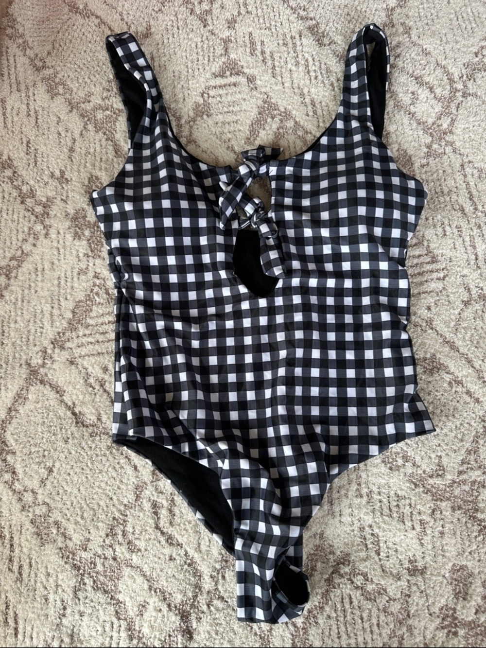 Black & White Gingham One Piece Swimsuit Tie Front Cutout Retro Chic NWOT M